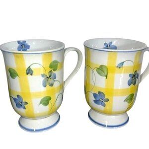 Andrea By Sadek Floral Yellow Checkered Ceramic Mugs Set Of 2